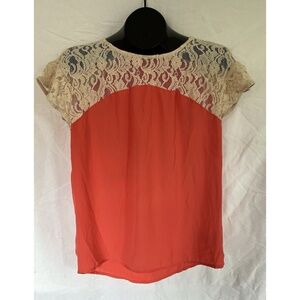 Anthropologie MAEVE Orange Lace Top Size XS Short Sleeve Polyester Sheer